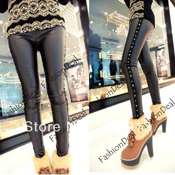 Fashion Women's Side Rivets Imitated Leather Legging Skinny Pencil Pant Free Shipping 8782