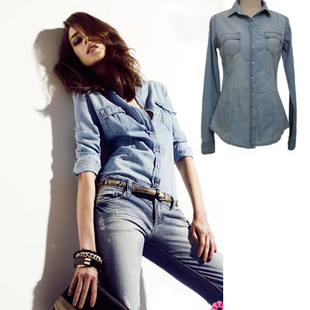 Fashion women's slim vintage long-sleeve denim shirt women's top thin
