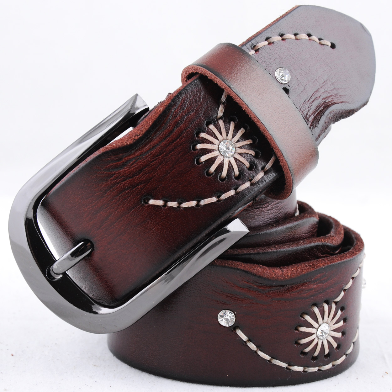 Fashion women's strap women's belt red first layer of cowhide genuine leather handmade woven thread rhinestone