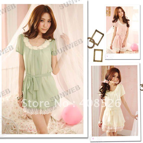 Fashion Women's Stylish Chiffon Tunic Short Sleeve Lacey Beaded Mini Dresses with Belt free shipping 3717