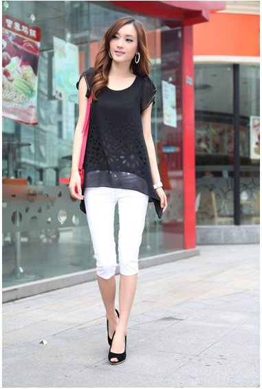 Fashion Women's summer short-sleeve chiffon top rhinestones puff sleeve chiffon shirt t-shirt,hollow out