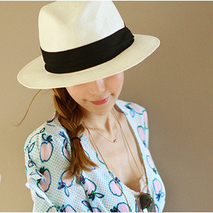 Fashion women's summer white flat brim strawhat fedoras handmade sun-shading hat