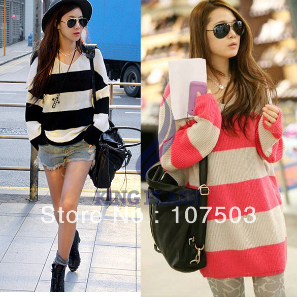 Fashion Women's Sweater V-Neck Striped Knitwear Long Sleeve Loose Pullover Free Shipping 7298