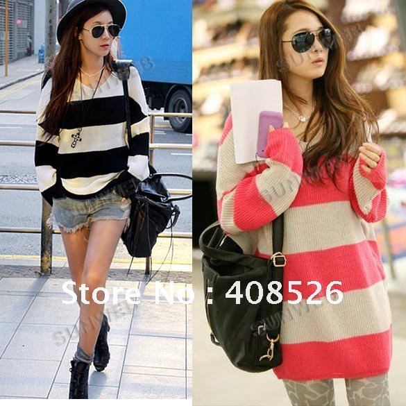 Fashion Women's Sweater V-Neck Striped Knitwear Long Sleeve Loose Pullover Free Shipping 7298