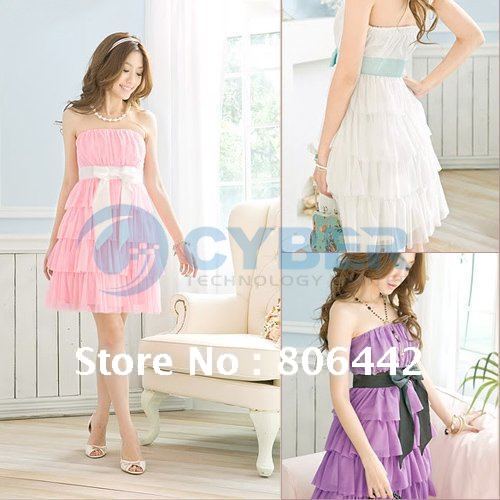 Fashion Women's Sweet Bowknot Embellish Layers Petticoat Party Mini Tube Chiffon Dress Free Shipping