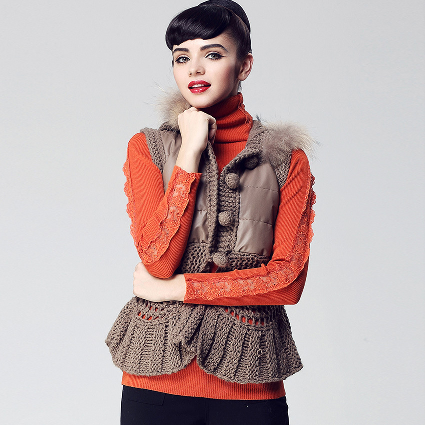 Fashion women's sweet fox fur hooded sheep wool knitted open body outerwear