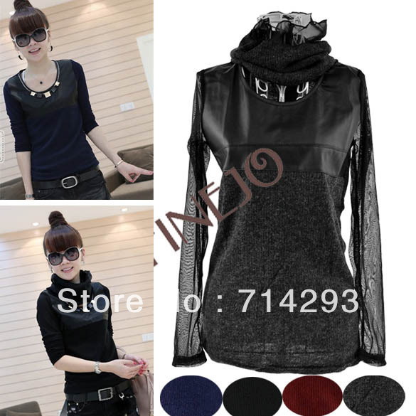 Fashion Women's Synthetic Leather Splicing T-shirt Long Sleeve With Necklace 4Colors Free Shipping 9474