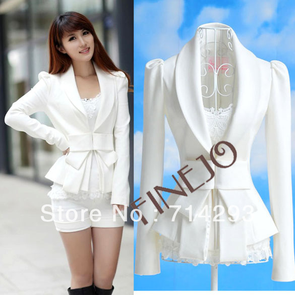 Fashion Women's Turn-down Collar Big Bowknot Career OL White Slim Suit Coats Jackets Outwear Tops Free Shipping 7327