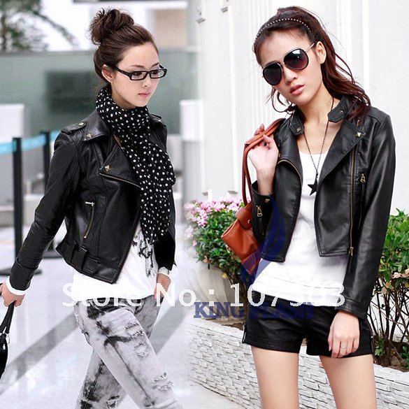 Fashion Women's Turn Down Collar Long Sleeve Leather Jacket Punk Rivet Cool Coat Free Shipping 5880