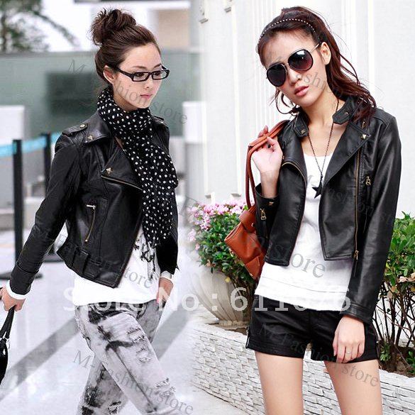 Fashion Women's Turn Down Collar Long Sleeve Leather Jacket Punk Rivet Cool Coat Free Shipping5880
