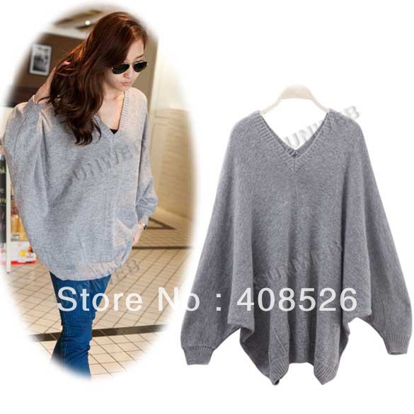 Fashion Women's V-Neck Batwing Sweater Loose Warm Sweaters Top Gray free shipping 6700