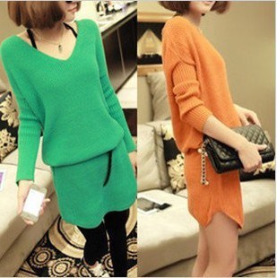 Fashion women's V-neck long-sleeve thickening knitted one-piece dress solid color basic sweater