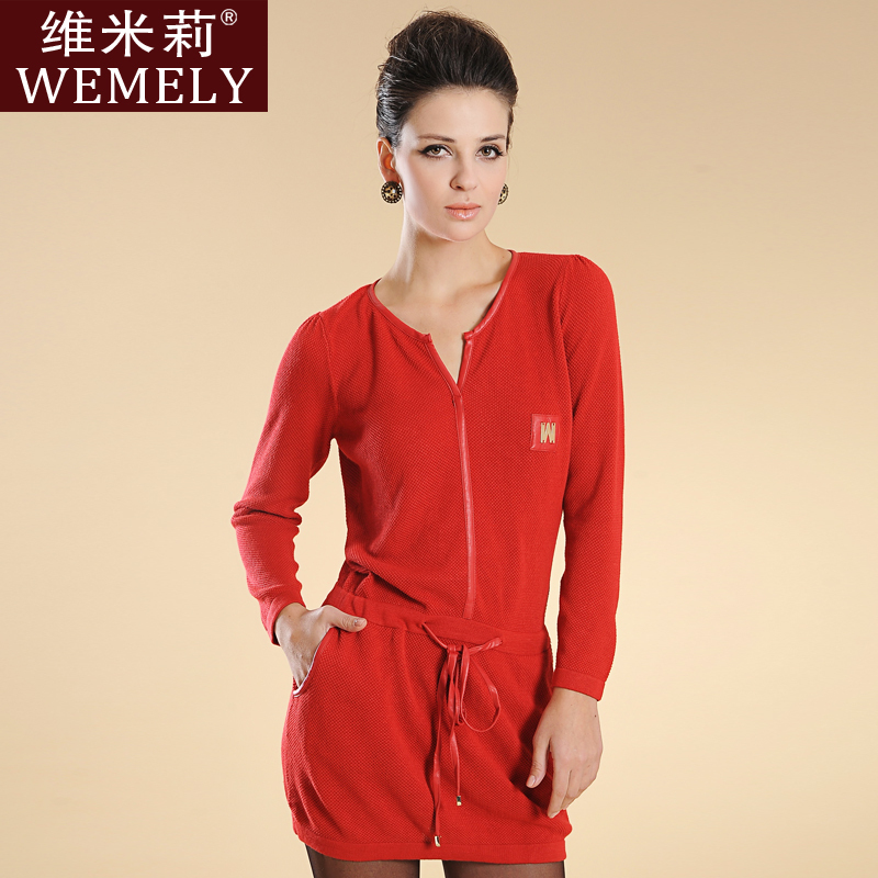 Fashion women's wemely 2013 spring knitted u leather lacing w2205 loose long-sleeve dress