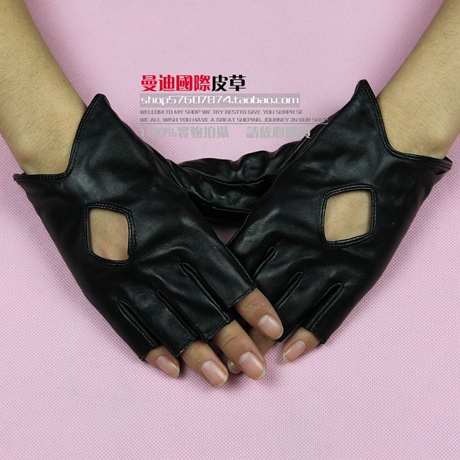 Fashion women's Women genuine leather sheepskin gloves half finger leather gloves cutout