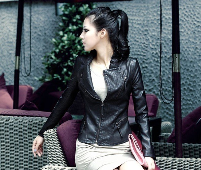 Fashion Women's Zipper PU Leather Jacket Outerwear Short Motorcycle Jacket --Black 1179