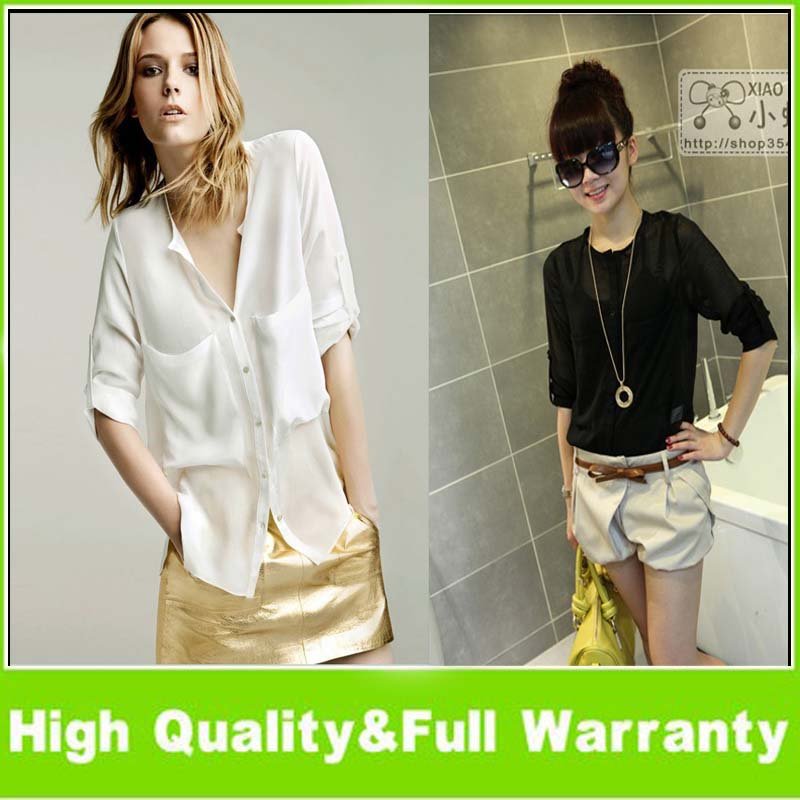 Fashion Women Simple Basic Sheer Chiffon T-Shirt Blouse With Pockets 2 Colors