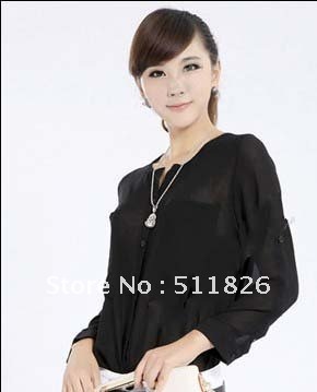 Fashion women simple basic sheer chiffon T-shirt with pockets free shipping  5147