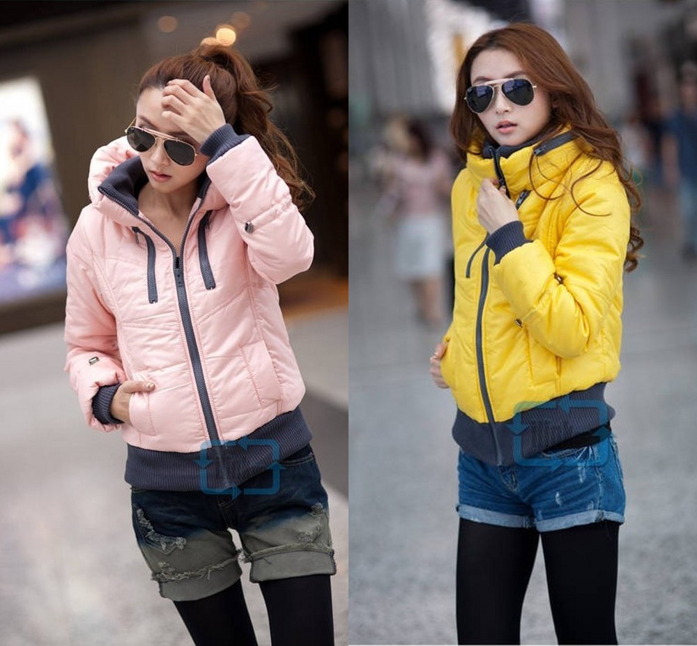 Fashion Women Stand Collar Zip Trim Puffy Jacket Giubbino Candy Color Coat
