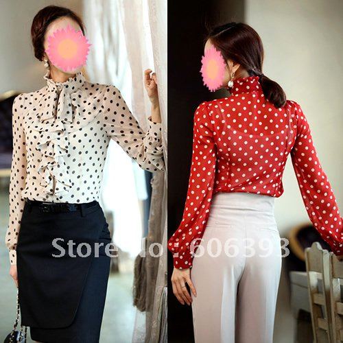 Fashion Women Top Shirt Blouse Ruffle Front High Neck BLOUSE,Polka Dot Print Top Shirt +DROPSHIPPING