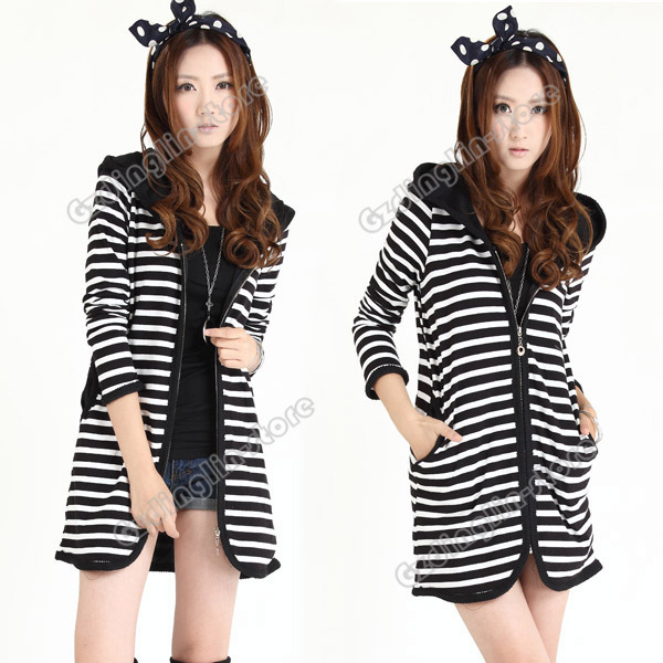 Fashion Womens Autumn Clothing Long Sleeve Stripe Zebra Zippered Outerwear Hoodie Hooded Coat Jacket Size S Free Shipping 0058