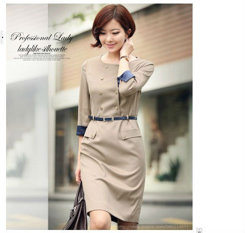 fashion womens business dress double-breasted thin style casual wear career apparel knee length collar clothing blue+beige