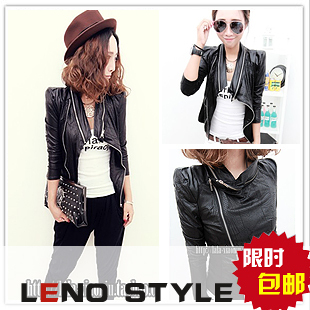 fashion womens clothing 2012 spring and autumn new arrival autumn women's faux leather top black casual short design coat