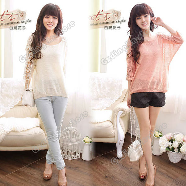 Fashion Womens Clothing Sweet Long Batwing Sleeve Crew Neck Casual Loose Knit Tops T-Shirt Blouse Pink White Free Shipping 0789