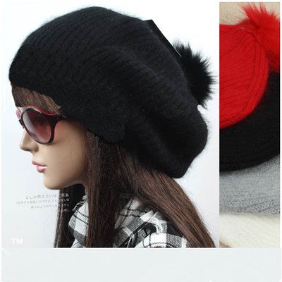 Fashion Womens knitted hats Winter hat cap Angora Wool Fur Thick Soft Warm Beanie Hat 0055 Black Free Shipping Wholesale