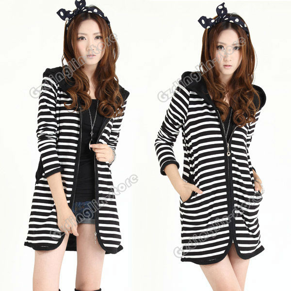 Fashion Womens Ladies Clothing Long Sleeve Stripe Zebra Zippered Hoodie Hooded Outerwear Coat Jacket Size S Free Shipping 0058