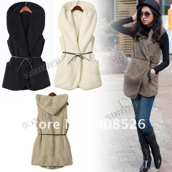 Fashion Womens Ladies Hoodie Faux Lamb Fur Long Vest Jacket Coat With Hat 5colors free shipping 7669