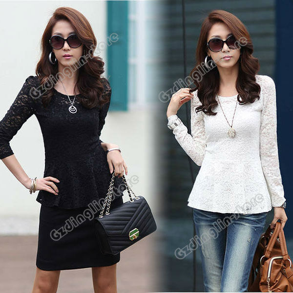 Fashion Womens Ladies Long Sleeve Lace Solid White Black Crew Neck Slim Shirt Tops Blouse T-Shirt Size S M L Free Shipping 0345