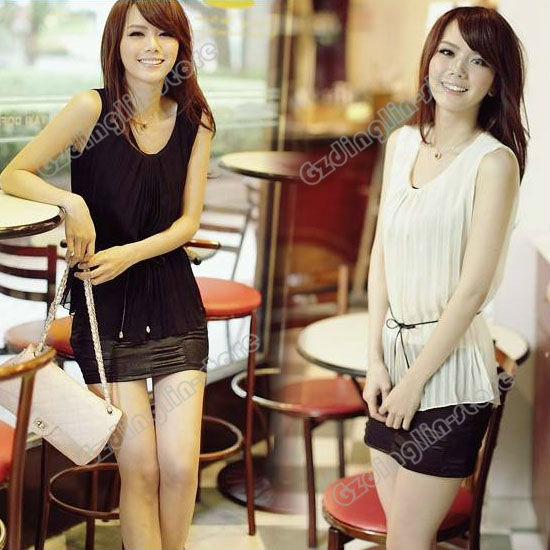 Fashion Womens Ladies Pleated Sleeveless Crew Neck Casual Chiffon Tops Shirt Blouses White Black Size S Free Shipping 0532