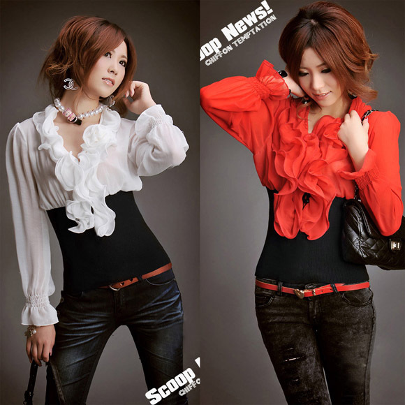 Fashion Womens Ladies Ruffled Collar Long Sleeve Rib Cotton Chiffon Tops Blouses Shirt Size S Assorted Color Free Shipping 0226