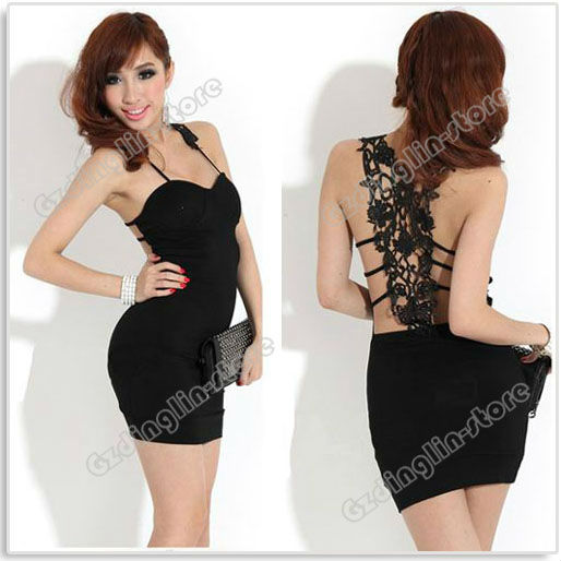 Fashion Womens Off Shoulder Lace Backless Strap Clubwear Party Evening Sexy Mini Dress Black Apricot Size S Free Shipping 0036