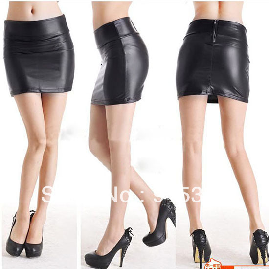 Fashion Womens PU Leather Look Back Zip Stretch Sexy Slim Mini High Waist Short Pencil Skirts Black S/M/L Free Shipping