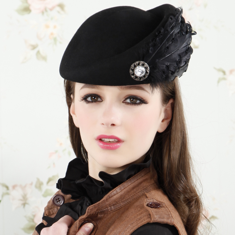 Fashion woolen cap spring and autumn winter feather small fedoras beret female hat female