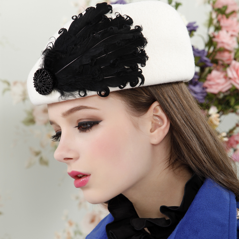 Fashion woolen spring and autumn winter feather vintage fedoras beret fashion female hat female