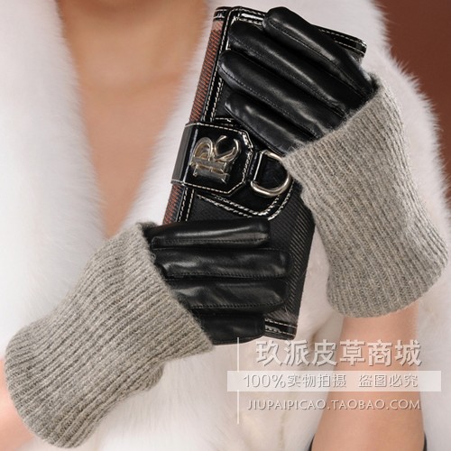Fashion yarn genuine leather gloves Women sheepskin gloves thermal fleece lined Free Shipping