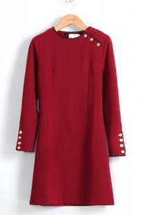 Fashion za personality vintage military gold buckle leather bordered o-neck basic long-sleeve dress