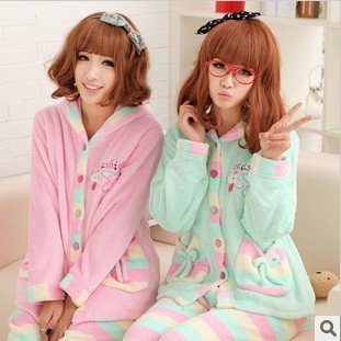 Fashionable autumn winters is pure and fresh and sweet streak hooded women coral fleece pajamas suit leisure wear