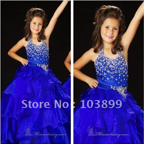Fashionable Ball Gown Halter Sleeveless Beaded Blue Taffeta Flower Girl Dress Patterns