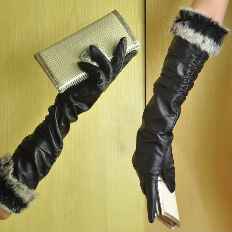 Fashionable casual full winter thermal genuine leather women's gloves sheepskin long design rabbit fur 201