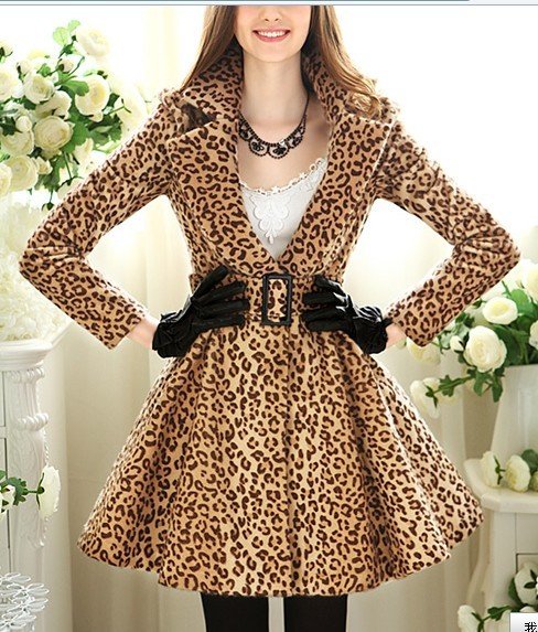 Fashionable Leopard cashmere long coat, free shipping Women's cotton winter WARM leopard slim long coat F4556
