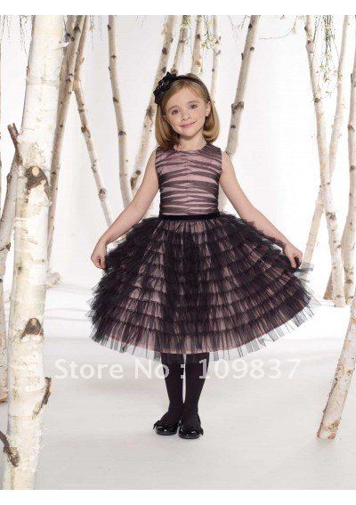 Fashionable Modern Jewel Ball Gown Tea Length Black Net Pleats Flower Girl Dresses