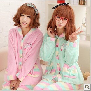 Fashionable new winter pure and fresh and sweet stripe even cap lady coral flocking pyjamas sets household to take