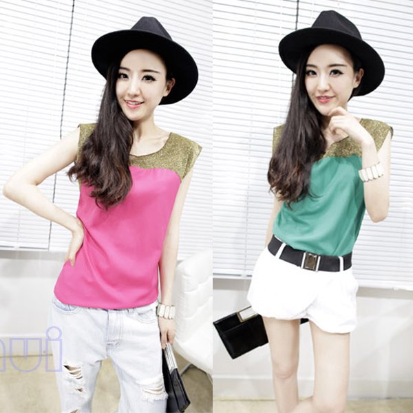 Fashionable Women's Color matching Shinning Gauze Vest Shirt 5 Colors New  HR289