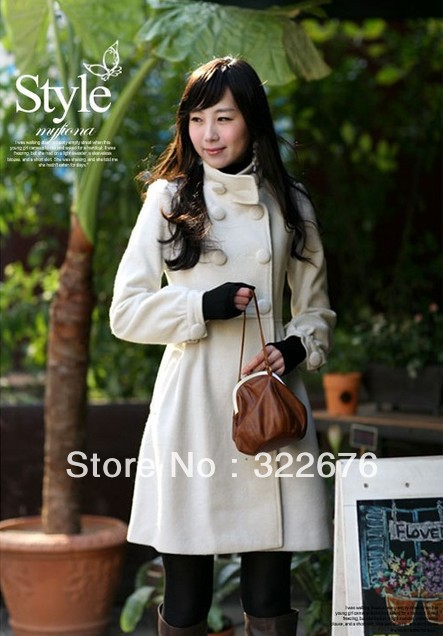Fashionable Women's Winter Stand Collar Double Breasted Long Sleeve Elegant Worsted Coat White JR0019/JR0013 S M L