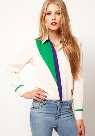 FASION WOMEN CHIC LAPEL PATCHWORK LONG SLEEVE CHIFFON SHIRT  BLOUSE