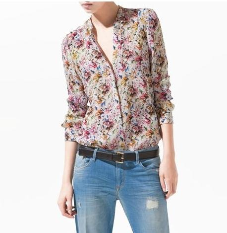 FASION WOMEN  V-NECK LONG SLEEVE FLORAL PRINTS CHIFFON BLOUSE TOP WITH STUDS