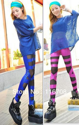 Fast China express faux leather irregular cross straps patchwork thin gauze leggings trousers fashion hole pants lg-058
